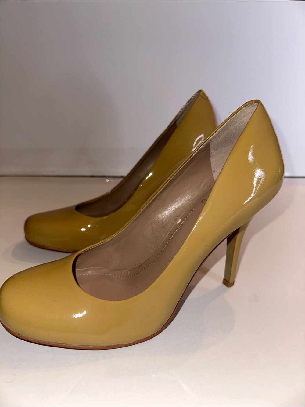 Vince Camuto Tan Patent Round-Toe Stiletto Pumps
